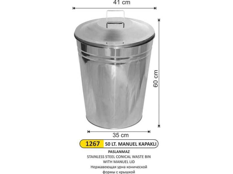 Arı Metal 1267 Konik Çöp Kovası Paslanmaz Manuel Kapaklı 50 Litre