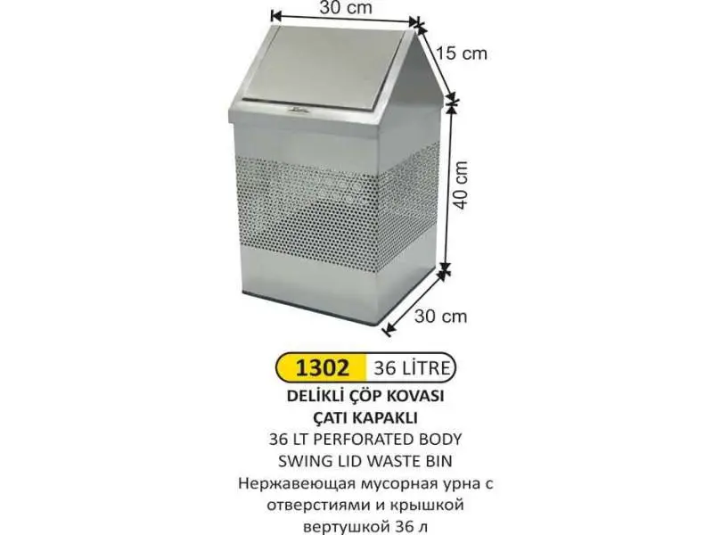 Arı Metal 1302 Çatı Kapaklı Çöp Kovası Gövde Delikli Paslanmaz 36 Litre Arı Metal 1302 Çatı Kapaklı Çöp Kovası Gövde Delikli Paslanmaz 36 Litre