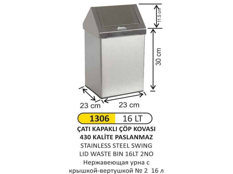 Arı Metal 1306 Çatı Kapaklı Çöp Kovası Paslanmaz 16 Litre