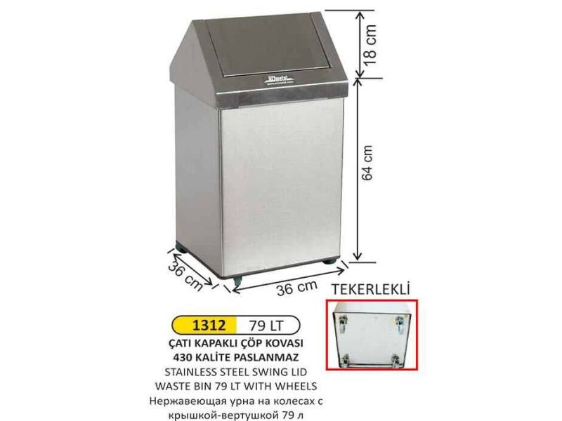 Arı Metal 1312 Çatı Kapaklı Çöp Kovası Tekerlekli Paslanmaz 79 Litre