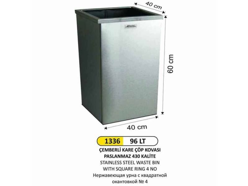 Arı Metal 1336 Çöp Kovası Paslanmaz Kare Çemberli 96 Litre