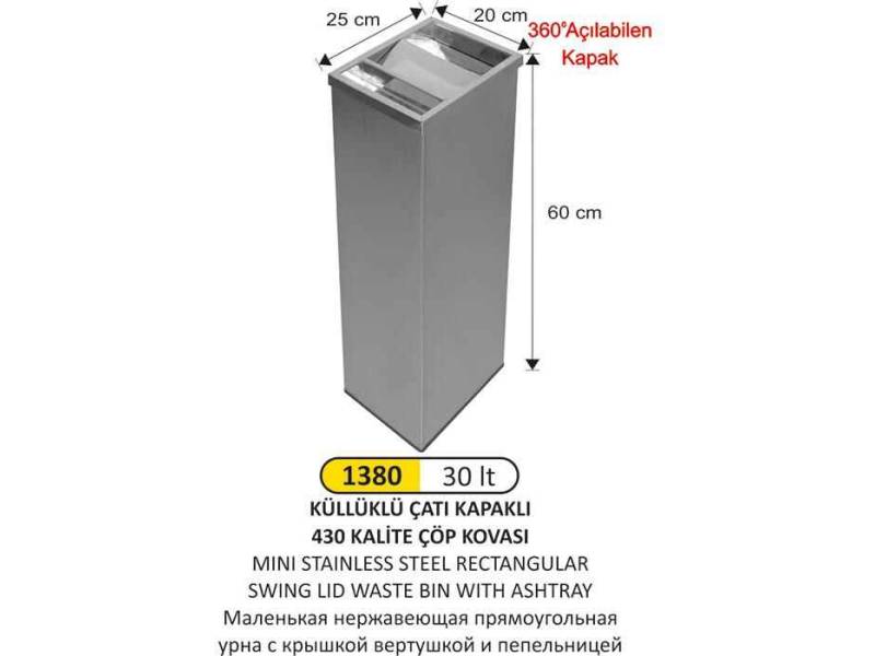 Arı Metal 1380 Dikdörtgen Çatı Kapaklı Küllüklü Çöp Kovası Paslanmaz 30 Litre