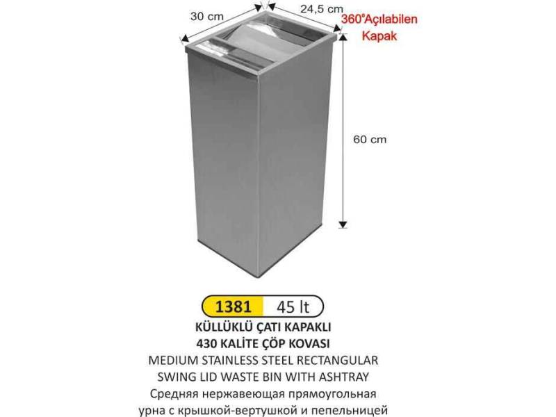 Arı Metal 1381 Dikdörtgen Çatı Kapaklı Küllüklü Çöp Kovası Paslanmaz 45 Litre