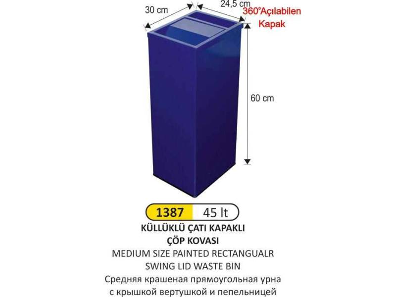 Arı Metal 1387 Dikdörtgen Çatı Kapaklı Küllüklü Çöp Kovası Boyalı 45 Litre