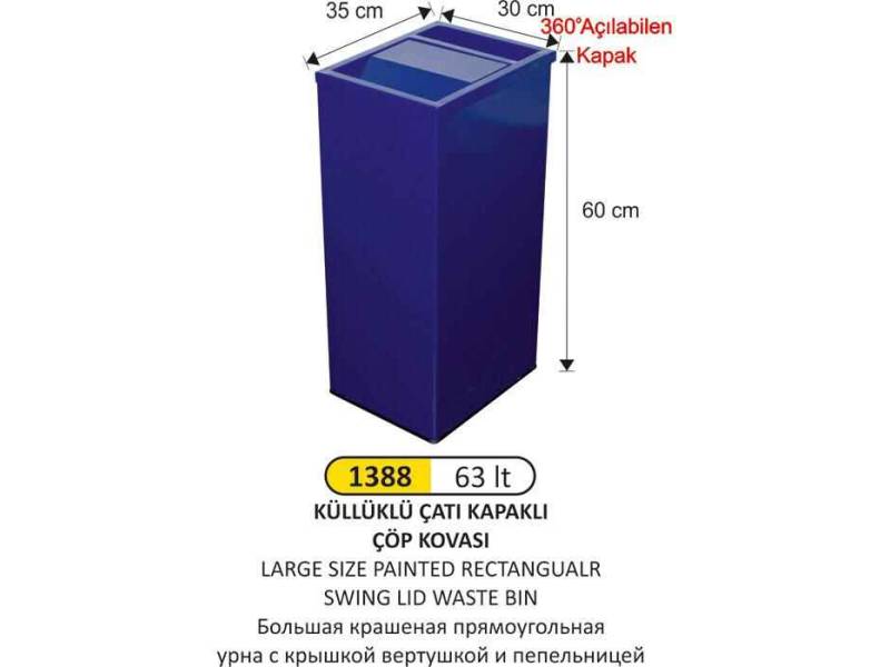 Arı Metal 1388 Dikdörtgen Çatı Kapaklı Küllüklü Çöp Kovası Boyalı 63 Litre