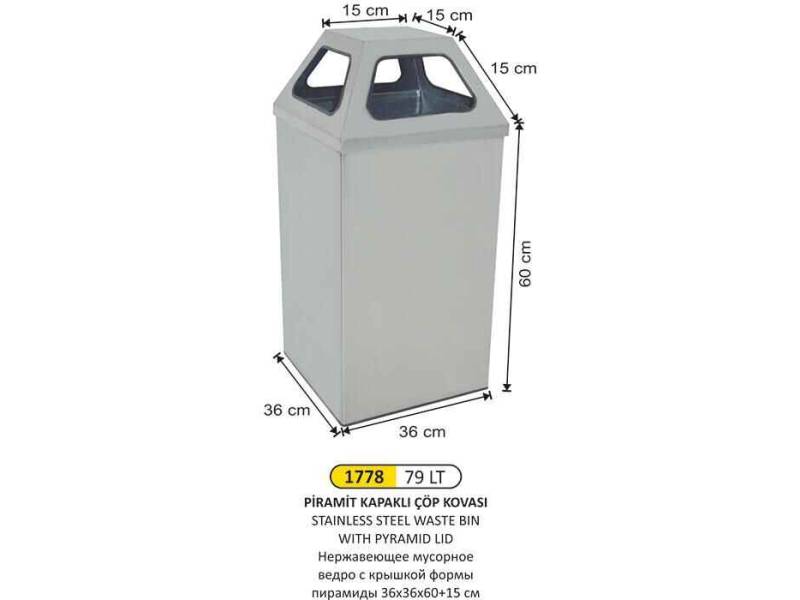 Arı Metal 1778 Piramit Kapaklı Paslanmaz Çöp Kovası 79 Litre