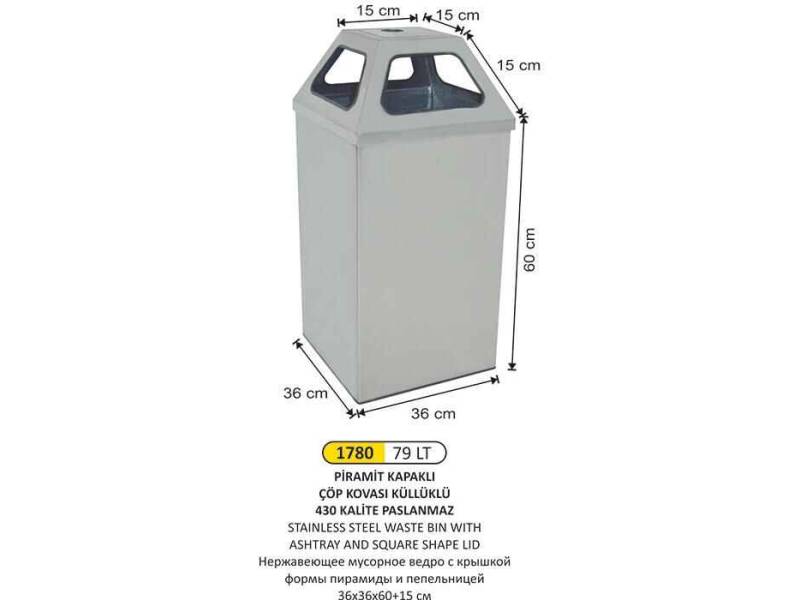 Arı Metal 1780 Piramit Kapaklı Küllüklü Paslanmaz Çöp Kovası 79 Litre
