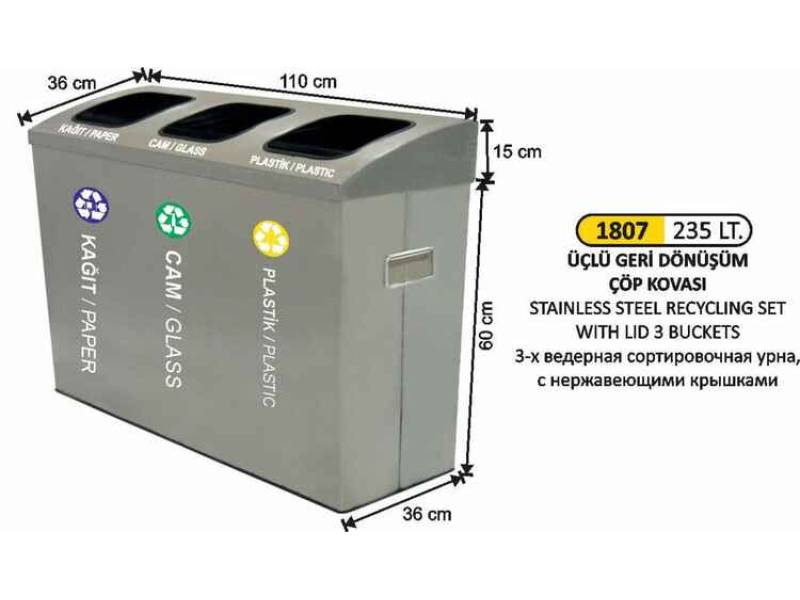 Arı Metal 1807 Geridönüşüm Kovası 3 Lü Paslanmaz Kapaklı 235 Litre