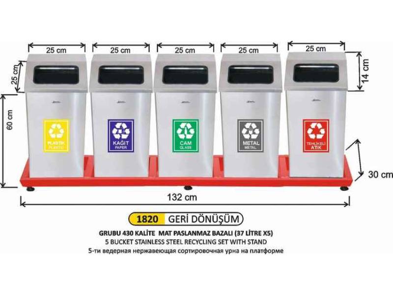 Arı Metal 1820 Geri Dönüşüm Kovası 5 li Paslanmaz Bazalı 37 Litre