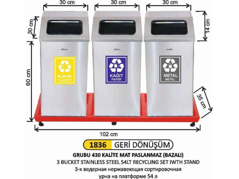 Arı Metal 1836 Geri Dönüşüm Bazalı 3 Lü Paslanmaz 54 Lt