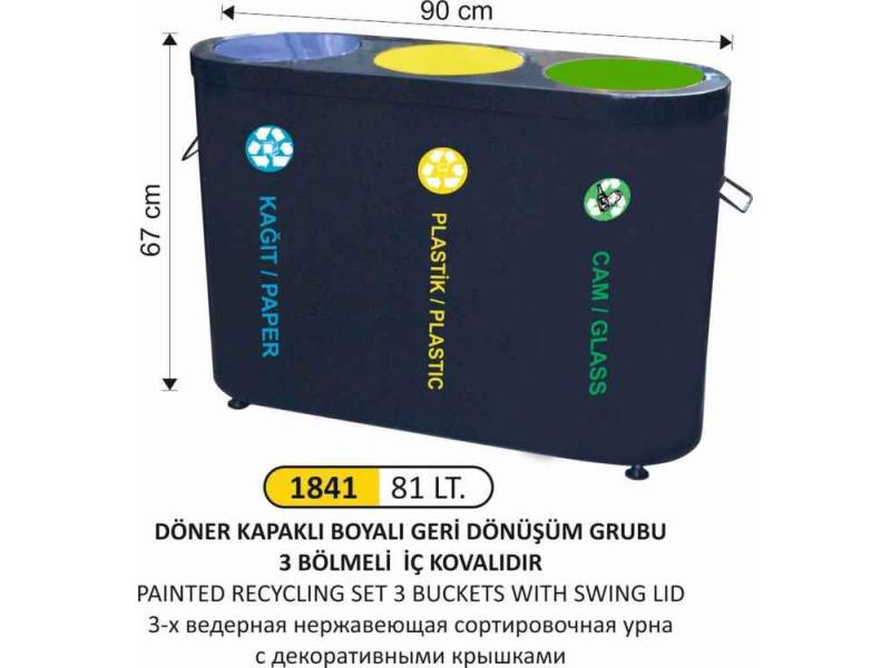 Arı Metal 1841 Geri Dönüşüm Kovası Boyalı Döner Kapaklı 3 Lü