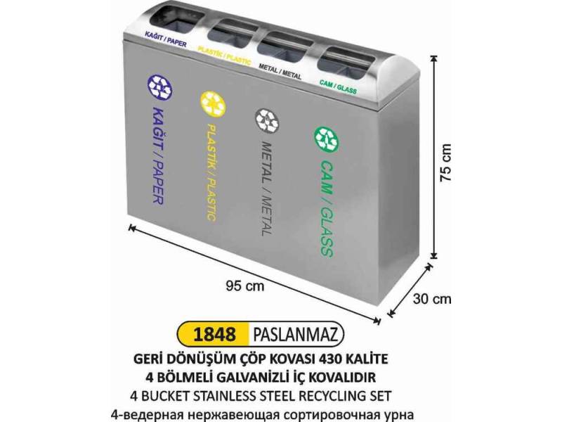 Arı Metal 1848 Geri Dönüşüm Çöp Kovası 4 Lü Paslanmaz