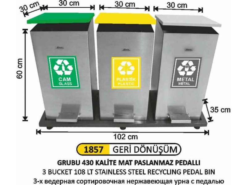 Arı Metal 1857 Geri Dönüşüm Kovası Pedallı Paslanmaz 3 Lü