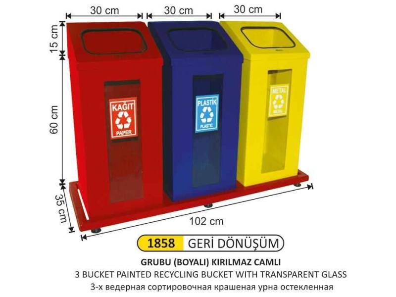 Arı Metal 1858 Geri Dönüşüm Kovası Camlı Boyalı 3 Lü