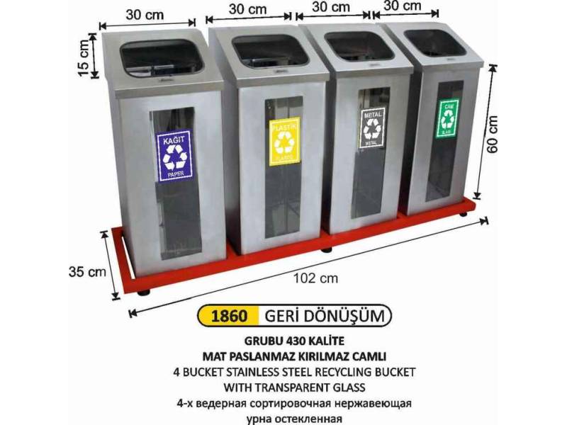 Arı Metal 1860 Geri Dönüşüm Kovası Camlı Paslanmaz 4 Lü