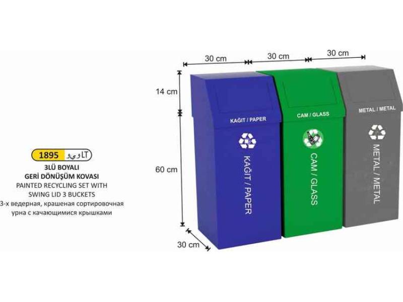 Arı Metal 1895 Geri Dönüşüm Kovası 3 Lü Set Boyalı Sallanır Kapaklı