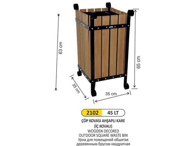 Arı Metal 2102 Çöp Kovası Ahşaplı Kare Dış Mekan 45 Litre