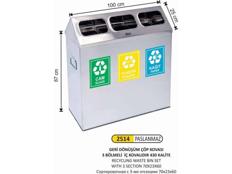 Arı Metal 2514 Geri Dönüşüm Kovası Paslanmaz Çatı Kapaklı 3 Lü