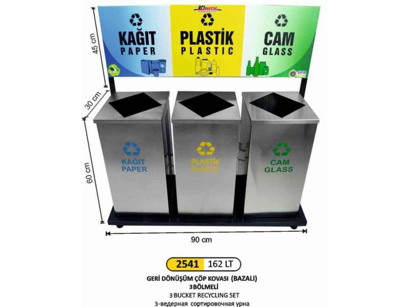 Arı Metal 2541 Geri Dönüşüm Seti 3 Lü Paslanmaz 162 Litre