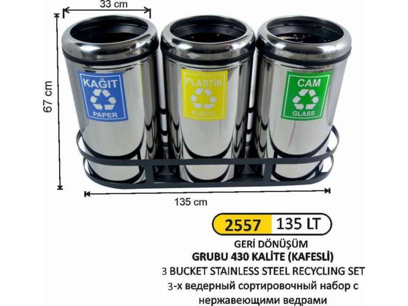 Arı Metal 2557 Geri Dönüşüm Kovası Çemberli 3 Lü Paslanmaz 135 Litre