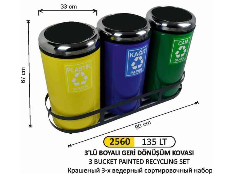 Arı Metal 2560 Geri Dönüşüm Kovası Çemberli 3 Lü Boyalı 135 Litre