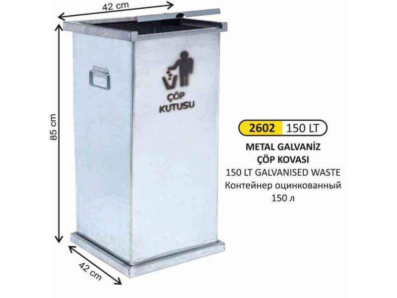 Arı Metal 2602 Kare Galvaniz Manuel Kapaklı Çöp Kovası 150 Litre