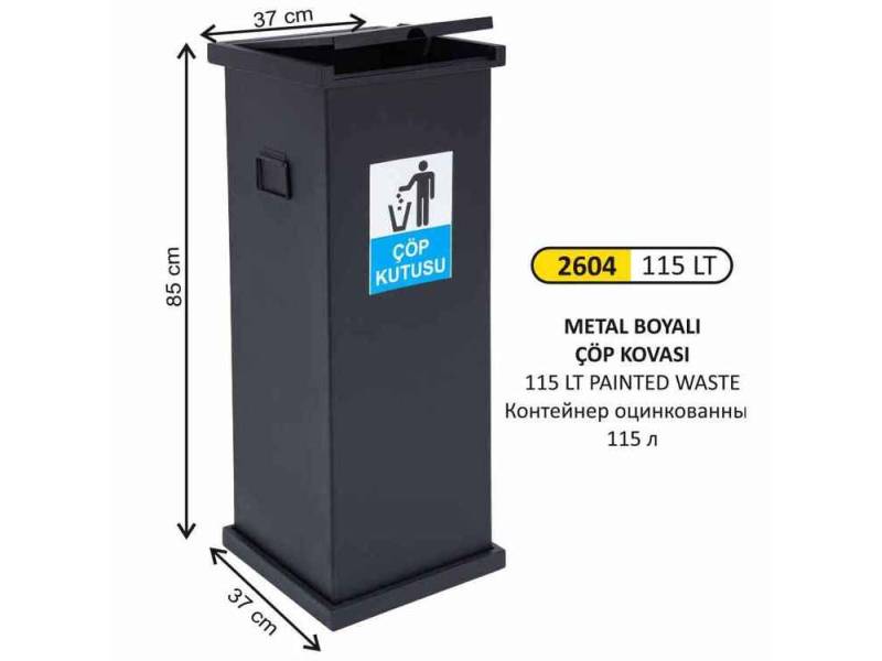 Arı Metal 2604 Kare Boyalı Çöp Kovası Manuel Kapaklı 115 Litre