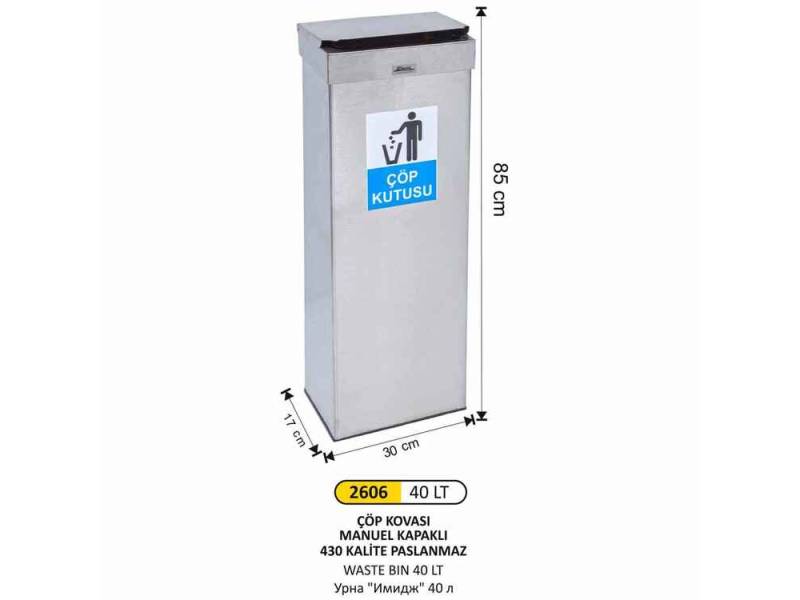 Arı Metal 2606 Dikdörtgen Çöp Kovası Paslanmaz Manuel Kapaklı 40 Litre