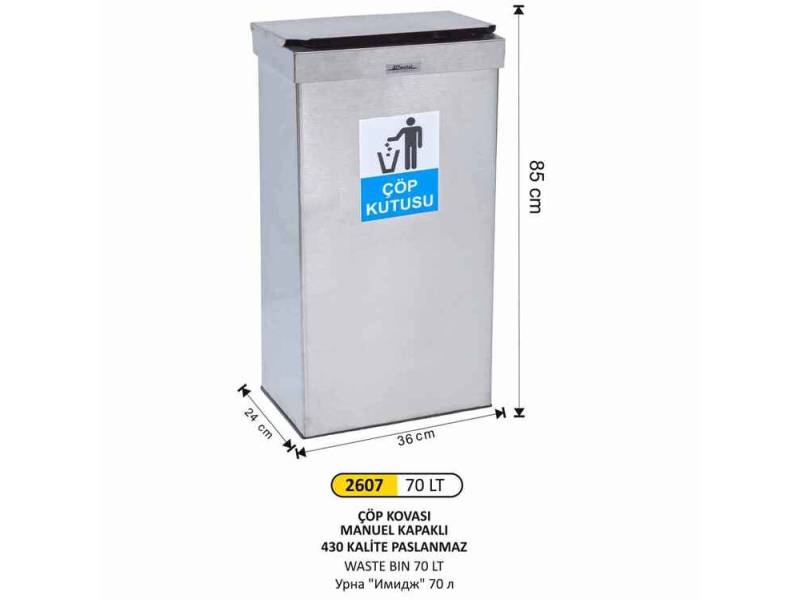 Arı Metal 2607 Dikdörtgen Çöp Kovası Paslanmaz Manuel Kapaklı 70 Litre