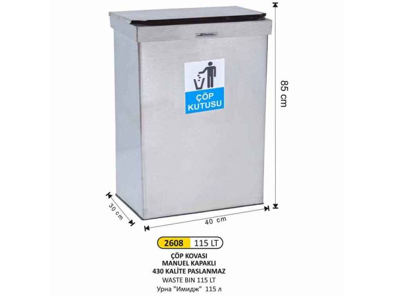 Arı Metal 2608 Dikdörtgen Çöp Kovası Paslanmaz Manuel Kapaklı 115 Litre