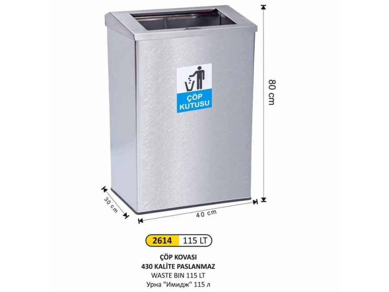 Arı Metal 2614 Dikdörtgen Kalın Çember Paslanmaz Çöp Kovası 115 Litre