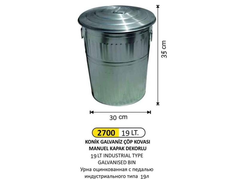 Arı Metal 2700 Galvaniz Çöp Kovası Mini Konik Manuel Kapaklı 19 Litre