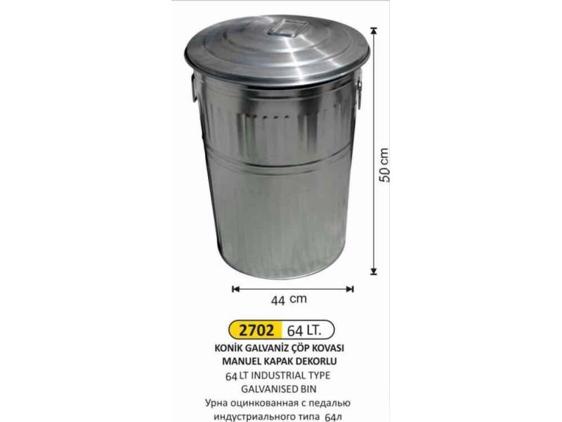 Arı Metal 2702 Galvaniz Çöp Kovası Konik Manuel Kapaklı  64 Litre