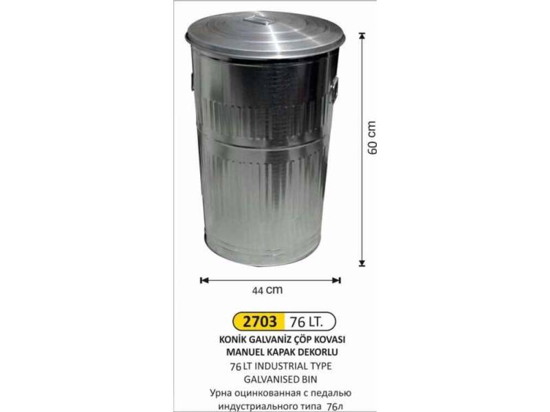 Arı Metal 2703 Galvaniz Çöp Kovası Konik Manuel Kapaklı 76 Litre