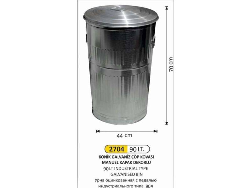 Arı Metal 2704 Galvaniz Çöp Kovası Konik Manuel Kapaklı 90 Litre