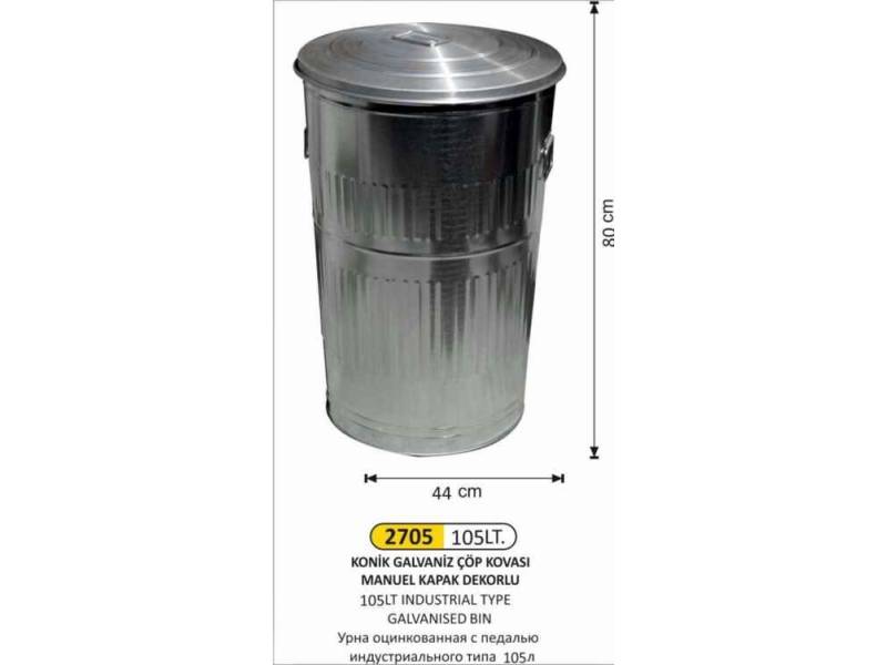 Arı Metal 2705 Galvaniz Çöp Kovası Konik Manuel Kapaklı 105 Litre