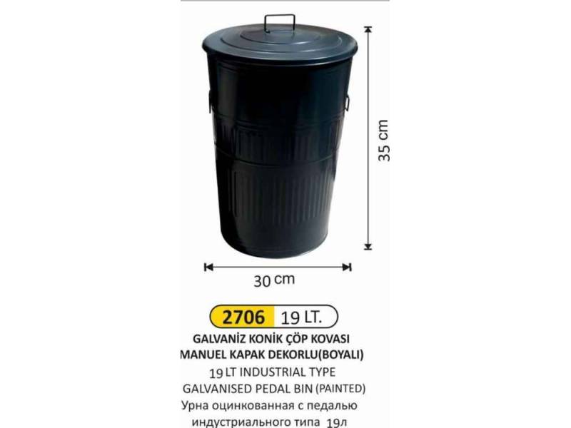 Arı Metal 2706 Galvaniz Çöp Kovası Boyalı Konik Manuel Kapaklı 19 Litre
