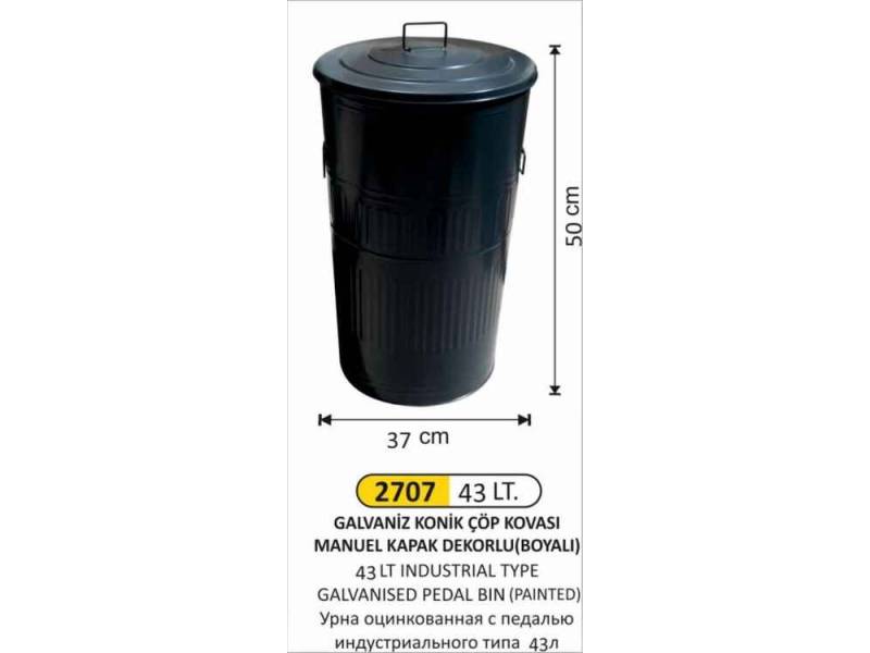 Arı Metal 2707 Galvaniz Çöp Kovası Konik Manuel Kapaklı Boyalı 43 Litre