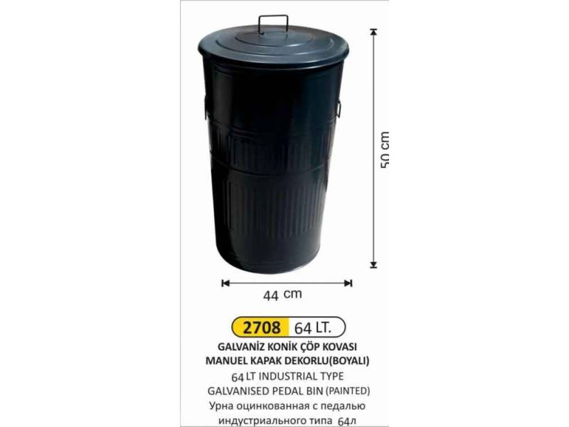 Arı Metal 2708 Galvaniz Çöp Kovası Konik Manuel Kapaklı Boyalı 64 Litre