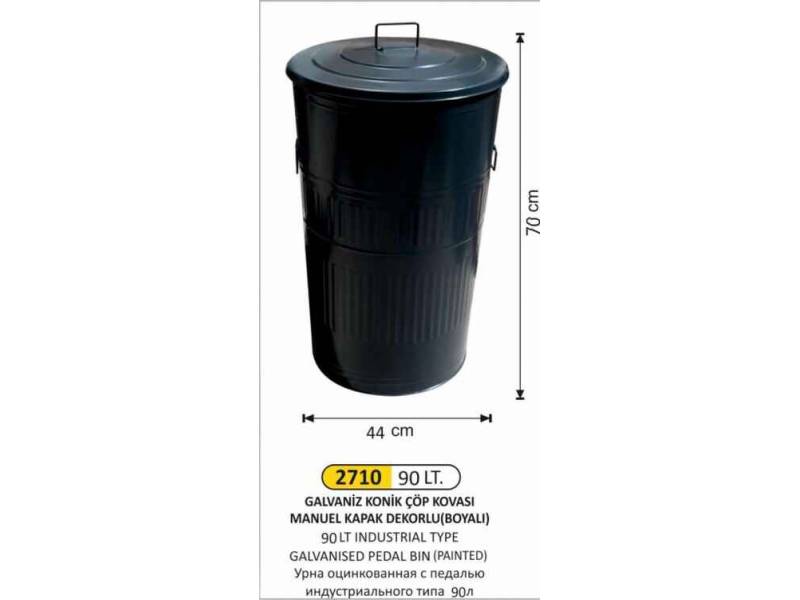 Arı Metal 2710 Galvaniz Çöp Kovası Konik Manuel Kapaklı Boyalı 90 Litre