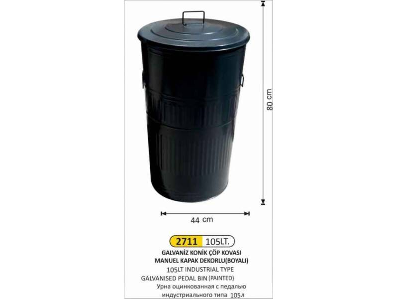 Arı Metal 2711 Galvaniz Çöp Kovası Konik Manuel Kapaklı Boyalı 105 Litre