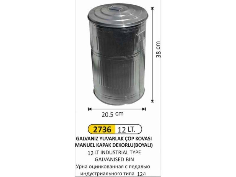 Arı Metal 2736 Galvaniz Çöp Kovası Manuel Kapaklı 12 Litre