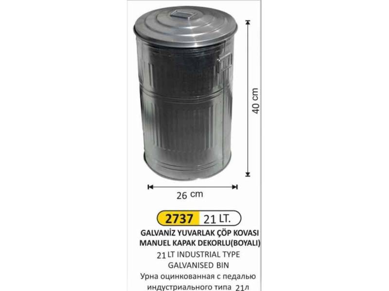 Arı Metal 2737 Galvaniz Çöp Kovası Manuel Kapaklı 21 Litre