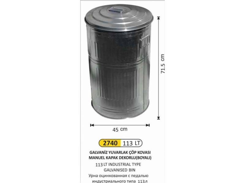 Arı Metal 2740 Galvaniz Çöp Kovası Manuel Kapaklı 113 Litre