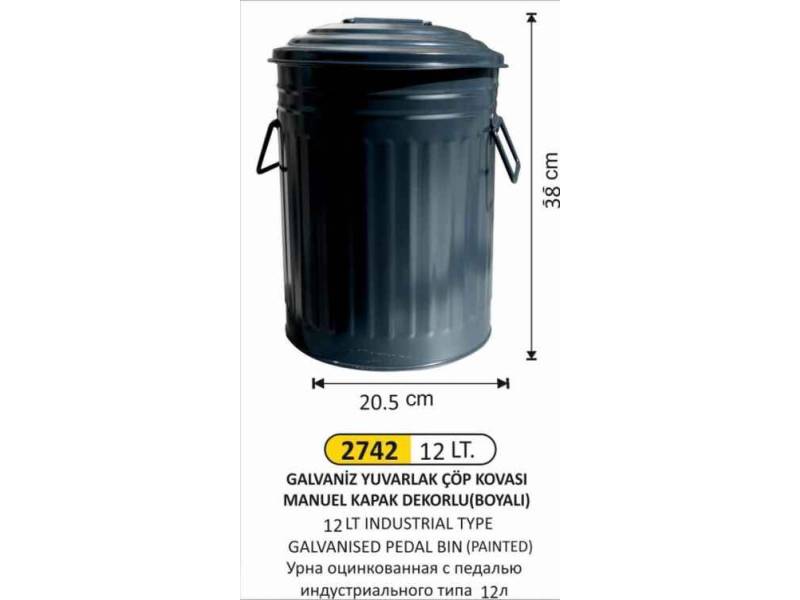 Arı Metal 2742 Galvaniz Çöp Kovası Boyalı Manuel Kapaklı 12 Litre