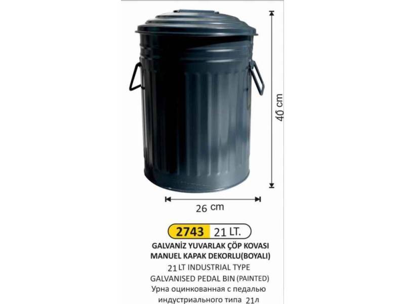 Arı Metal 2743 Galvaniz Çöp Kovası Boyalı Manuel Kapaklı 21 Litre