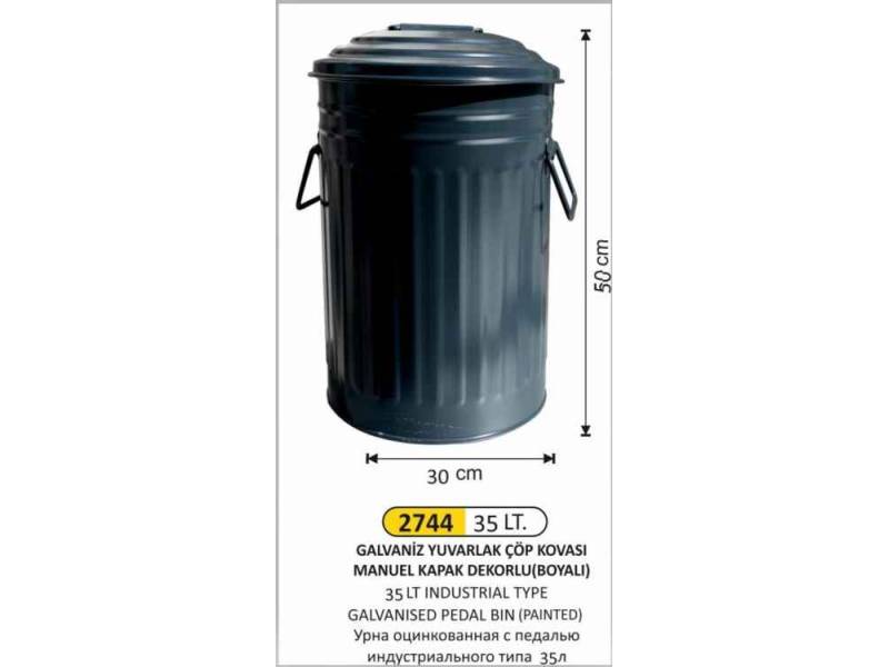 Arı Metal 2744 Galvaniz Çöp Kovası Boyalı Manuel Kapaklı 35 Litre