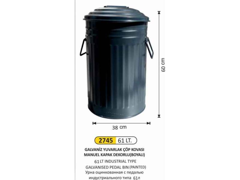 Arı Metal 2745 Galvaniz Çöp Kovası Boyalı Manuel Kapaklı 61 Litre