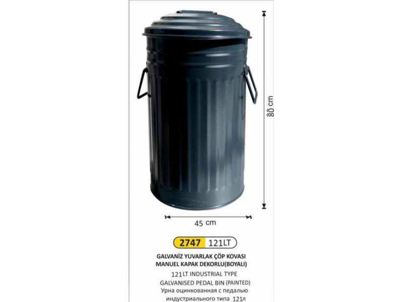 Arı Metal 2747 Galvaniz Çöp Kovası Boyalı Manuel Kapaklı 127 Litre