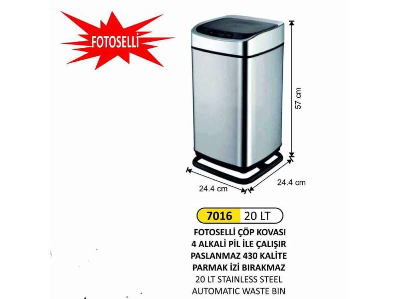 Arı Metal 7016 Fotoselli Çöp Kovası 20 Litre Paslanmaz